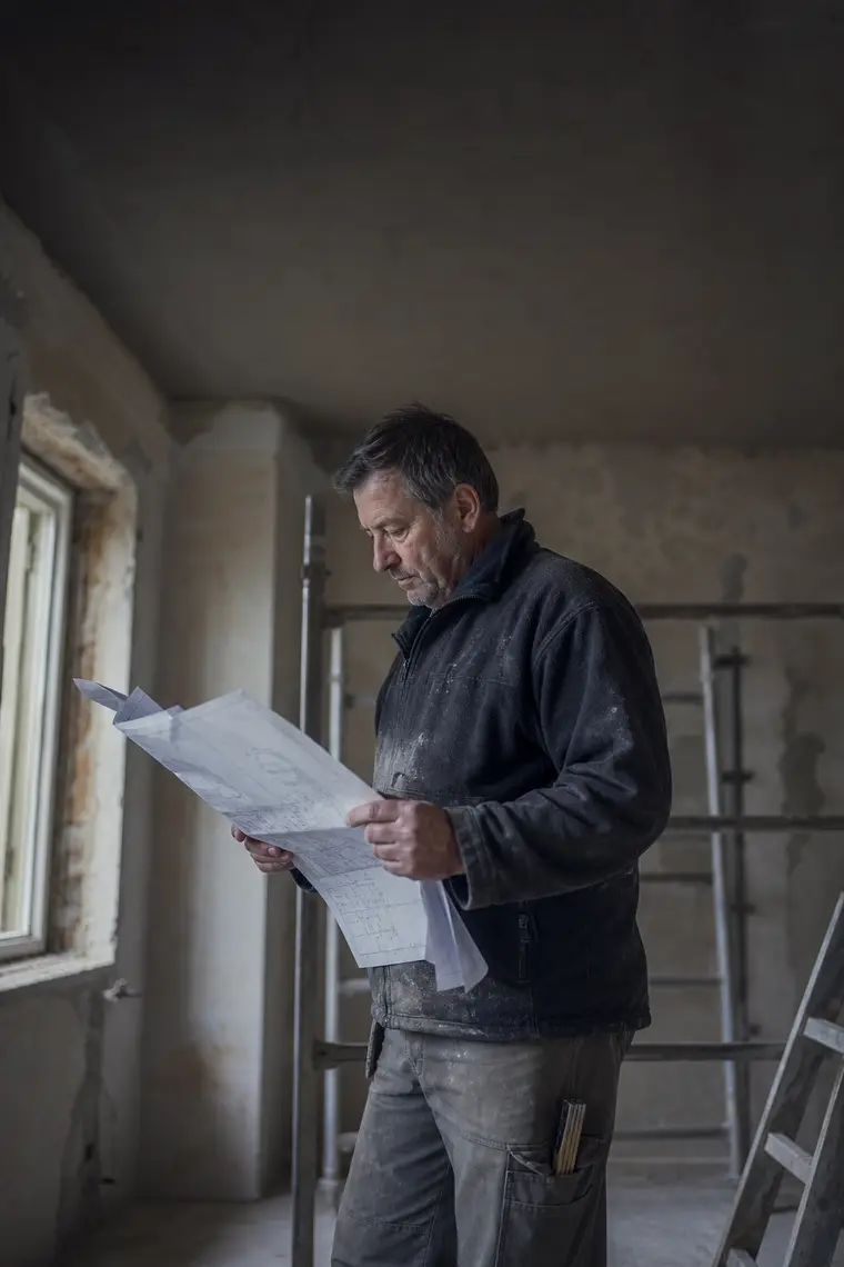 Kivitelező egy félkész lakásban, tervrajzot tanulmányoz