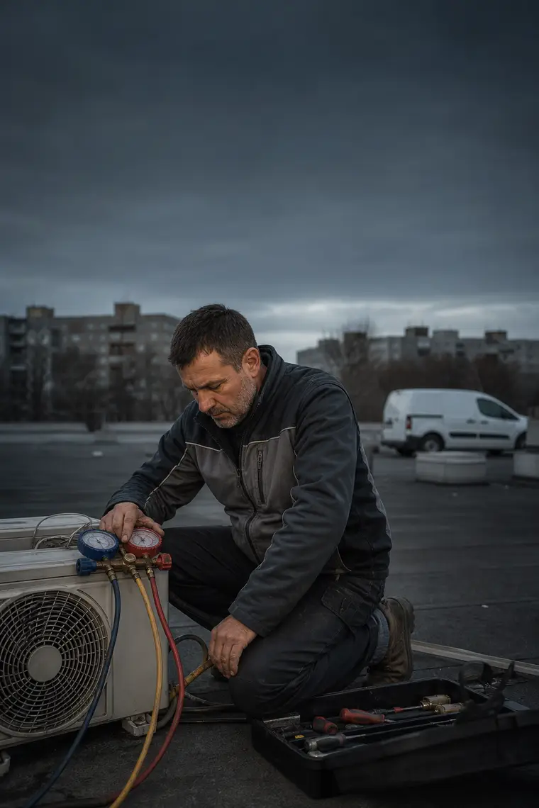 Klímaszerelő egy panelház tetején, kültéri egységen dolgozik